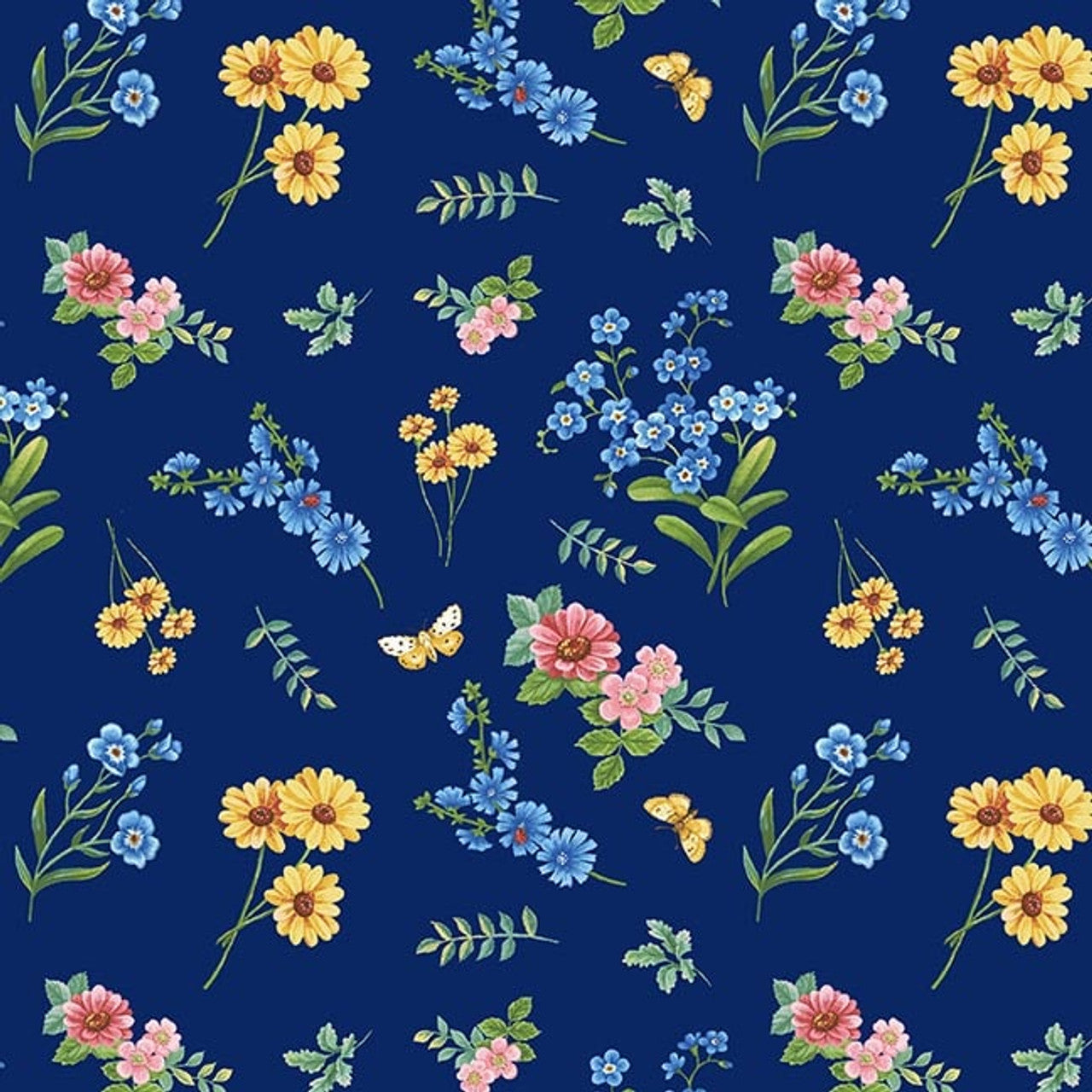 1551-72 Enchanted Forest Tossed Flowers Blue for Henry Glass