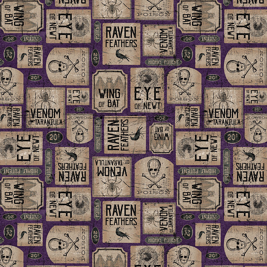 2720-55 Spooky Vibes Purple Potion Labels Fabric by Blank Quilting Sold by the Half Yard