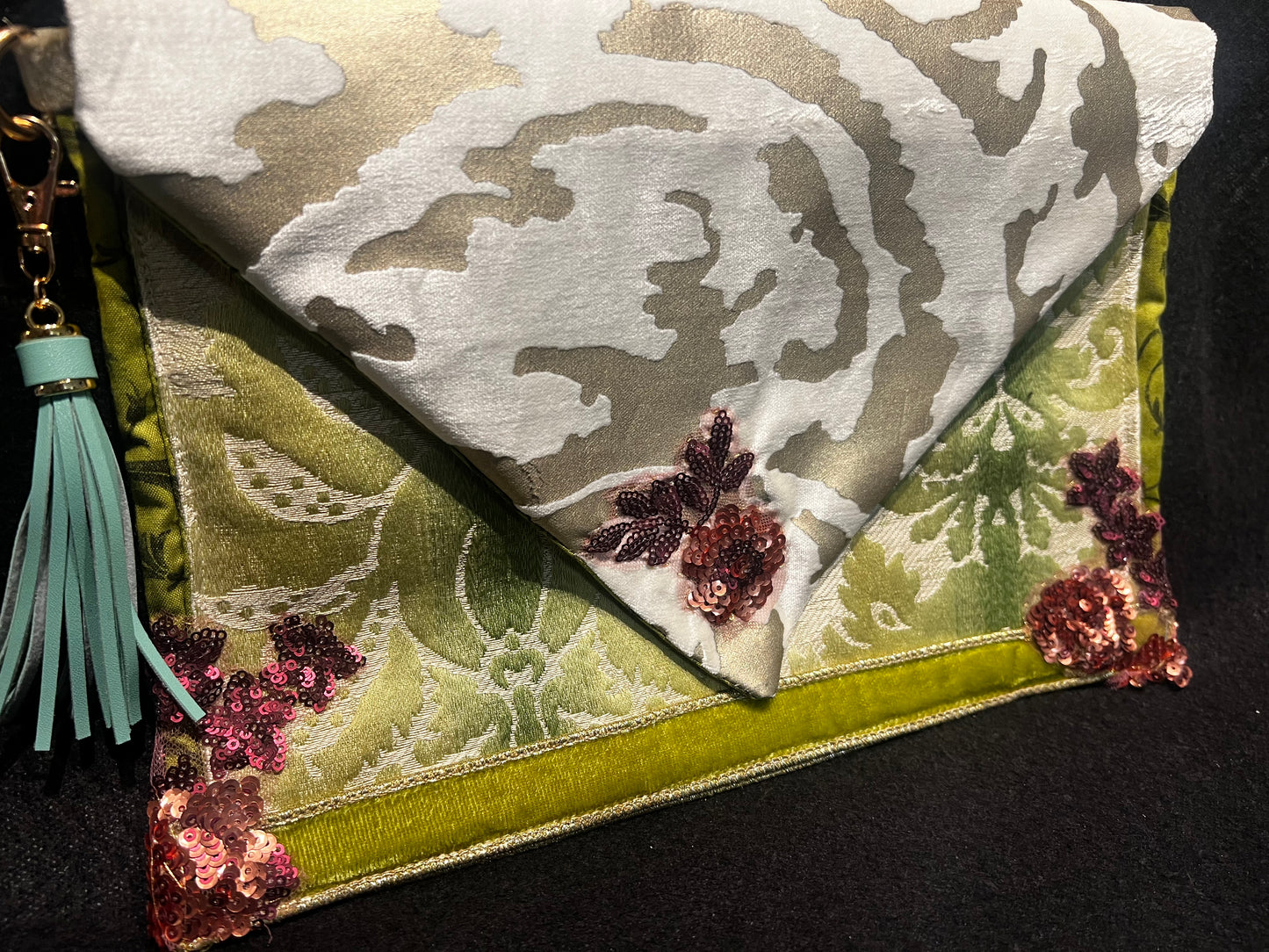 Envelope Purse GILDED GREEN Brocade Clutch with Metallic Velvet and Sequin Appliqué
