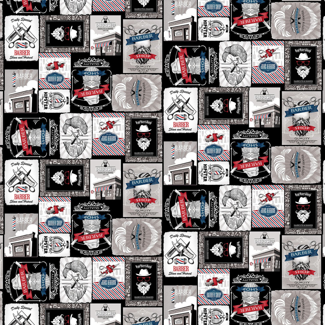 3110-95 HIPSTER GRAY BARBER PATCH Blank Quilting Fabric Sold by the PANEL