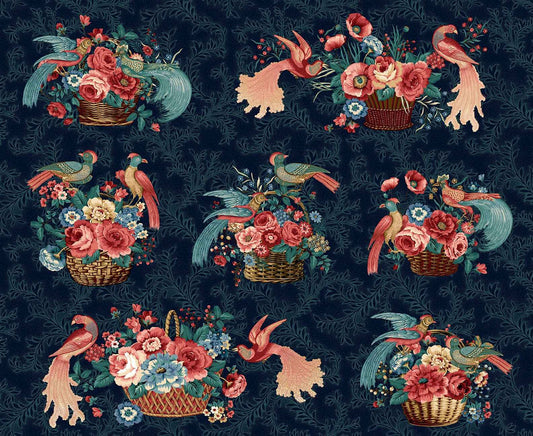 3482-88 Prussian Blue Baskets and Birds BY Michelle Yeo for Henry Glass