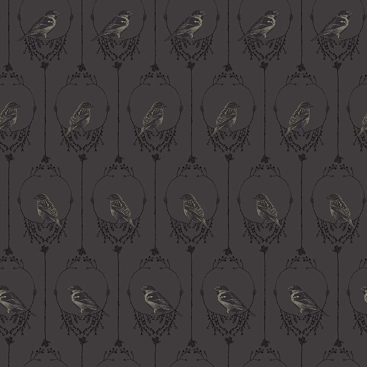 3533-99 Nature's Whisper BLACK Birds in a Cage by Carissa Bordeleau for Blank Quilting Fabric