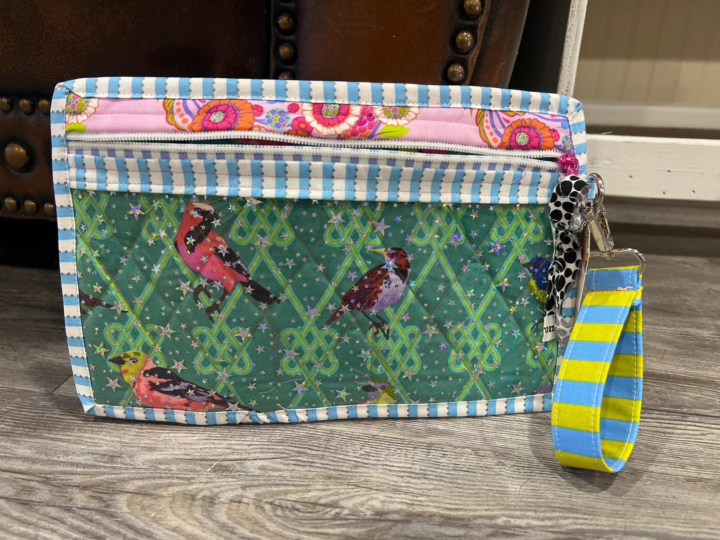 Tula Pink strawberry finch wristlet project bag 