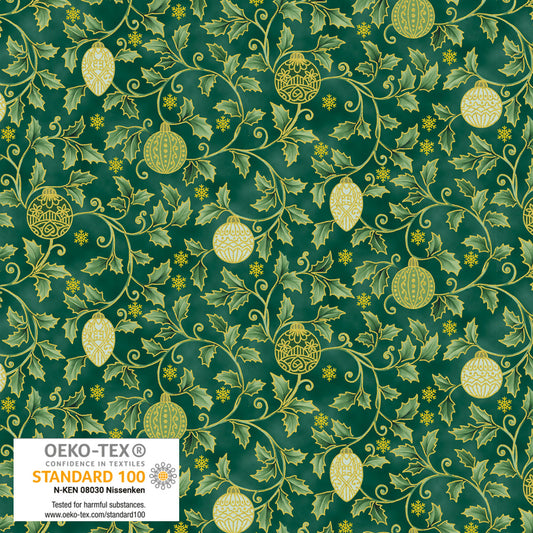 Holly and Christmas Ball Green Gold by Stof Gold Metallic Fabric Sold by the Half Yard