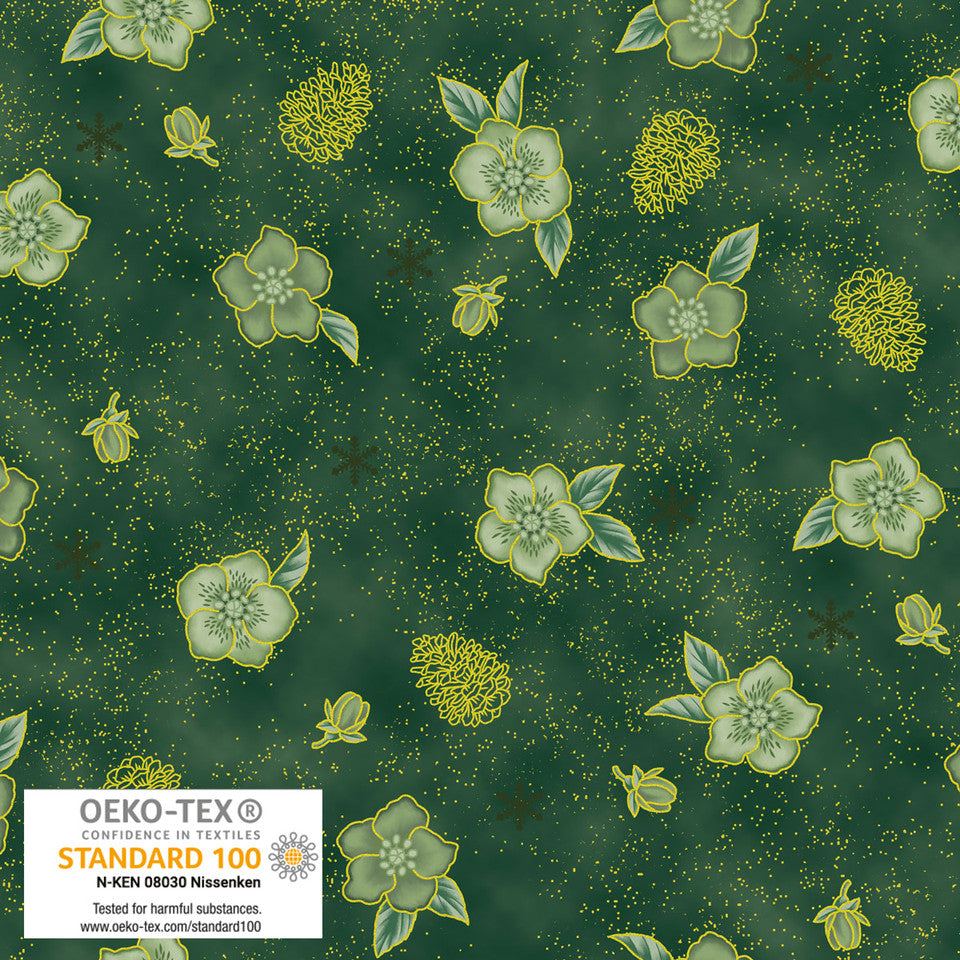 Christmas Rose Green Gold by STOF Gold Metallic Fabric Sold by the Half Yard