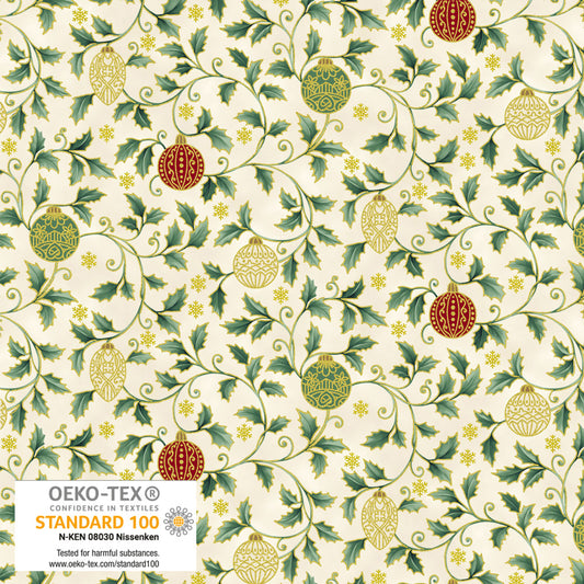 4592-013 Holly and Christmas Ball Cream and Gold by STOF Gold Metallic Fabric Sold by the Half Yard