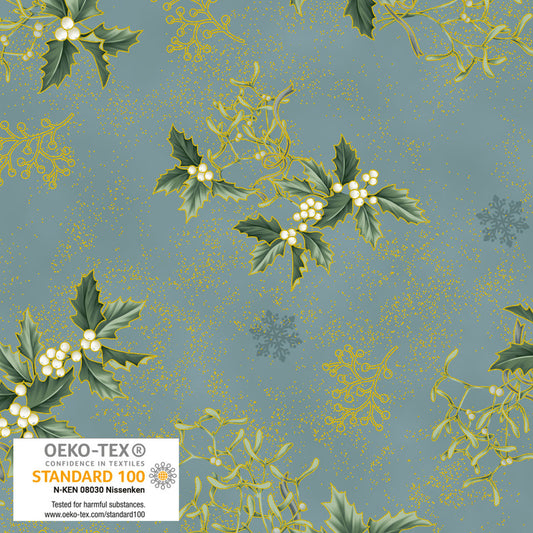 Holly and Mistletoe Teal Gold by STOF Gold Metallic Fabric Sold by the Half Yard