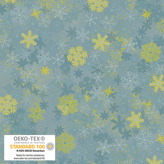 4592-017 Snowflake Teal Gold by STOF Gold Metallic Fabric Sold by the Half Yard
