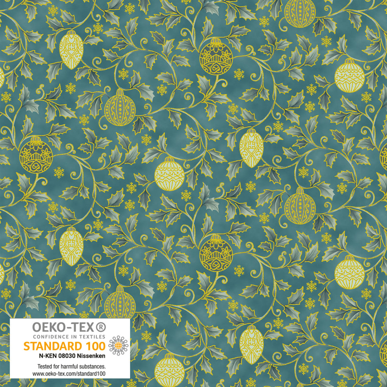 Holly and Christmas Ball Ornament Teal Gold by STOF Gold Metallic Fabric Sold by the Half Yard