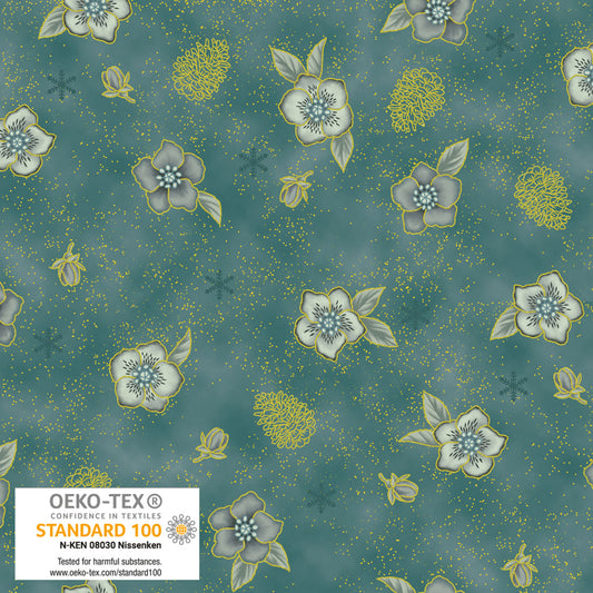 Christmas Rose Teal Gold by STOF Gold Metallic Fabric Sold by the Half Yard