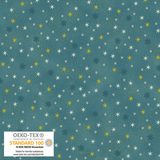 Christmas Star Teal Gold by STOF Gold Metallic Fabric Sold by the Half Yard