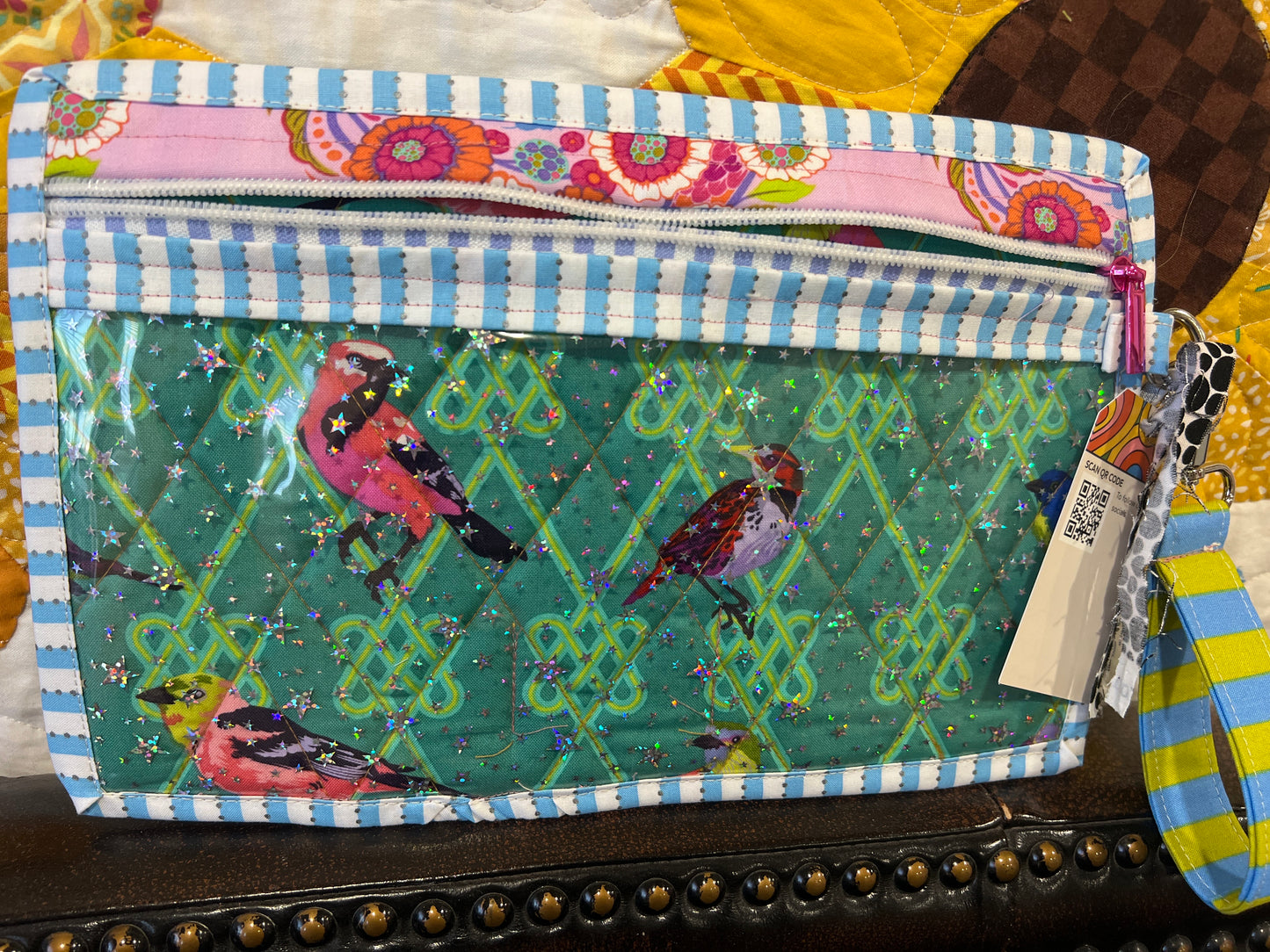 Tula Pink strawberry finch wristlet project bag 