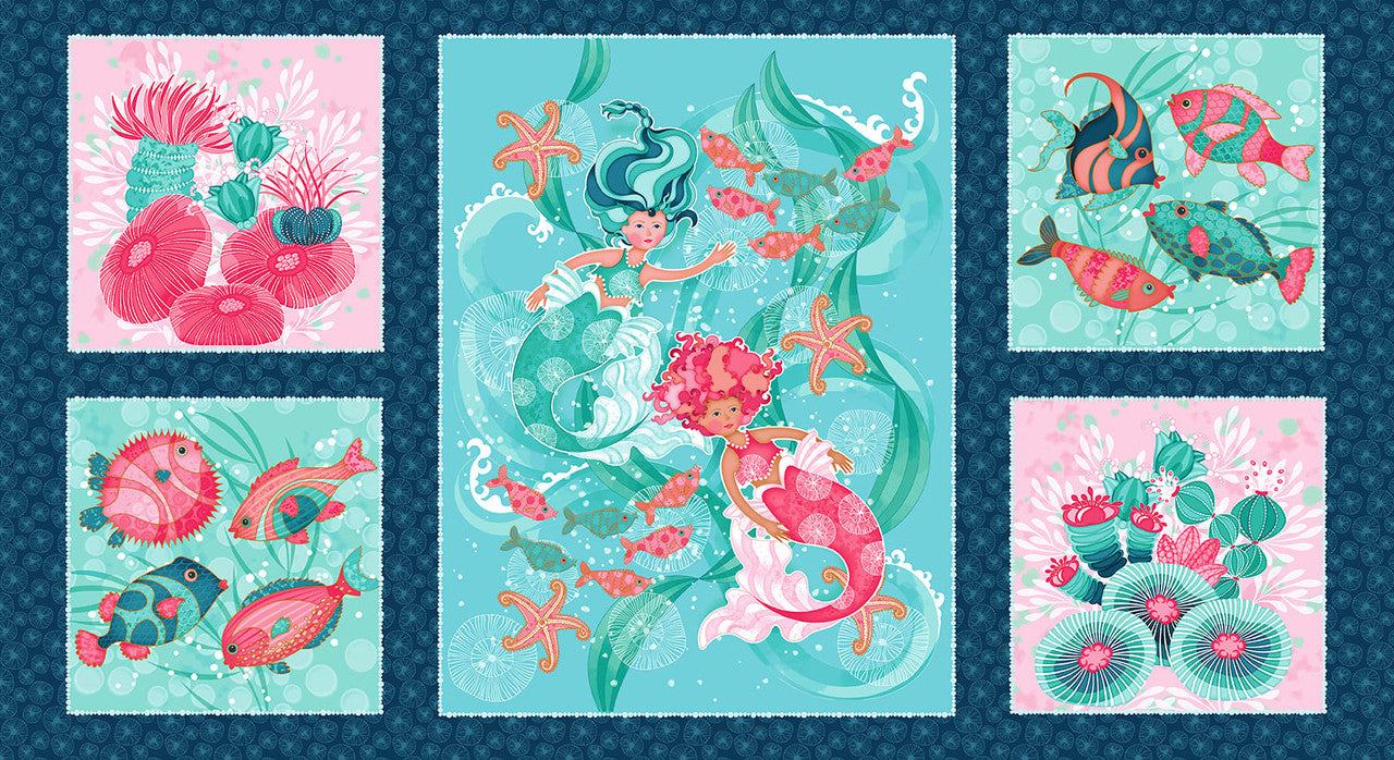 7939P-72 MERMAID TAILS BLUE PANEL for Studio E Fabric 24 X 44 IN
