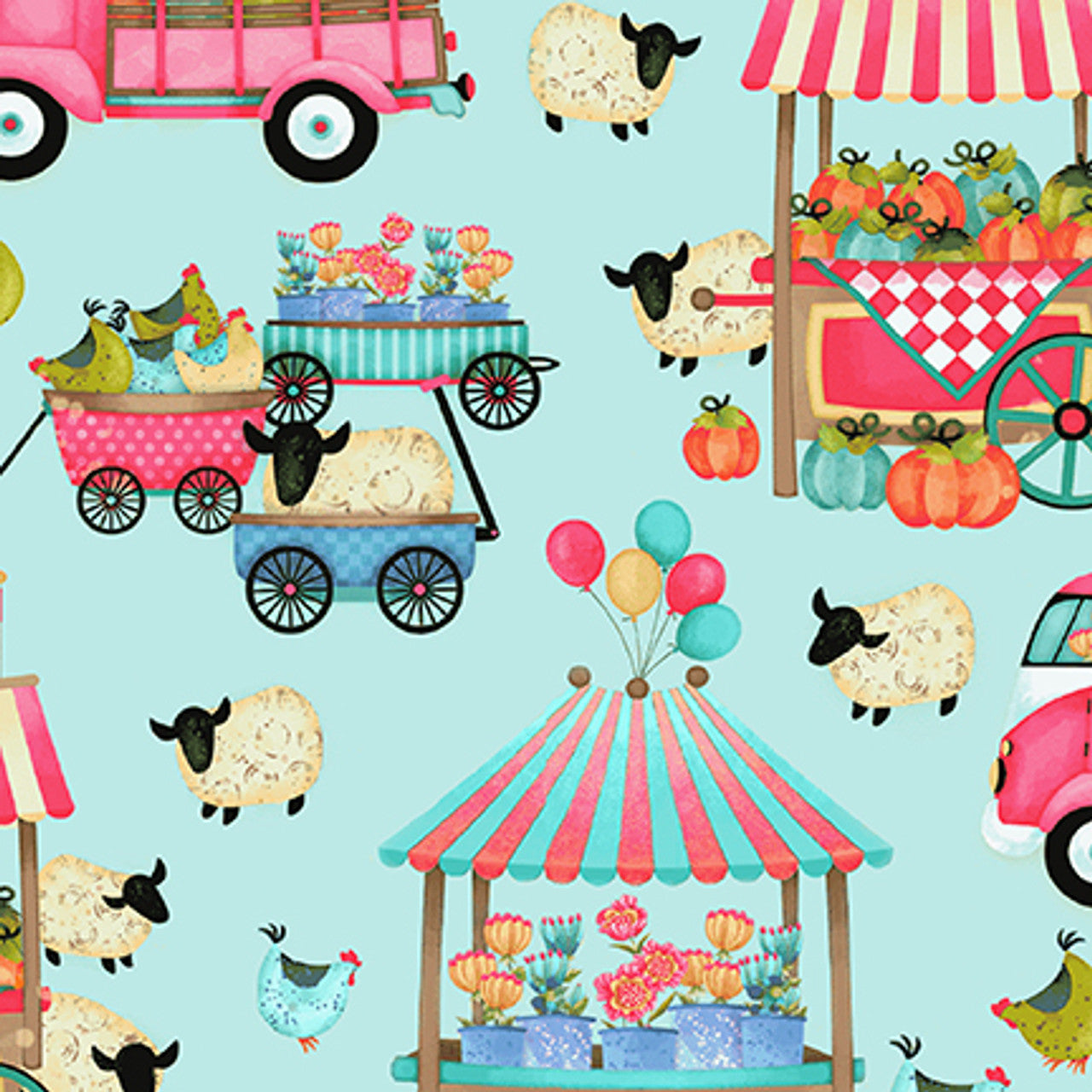 8203-12 COUNTRY FAIR Farmer's Market Aqua by Nancy Archer for Studio E Fabric