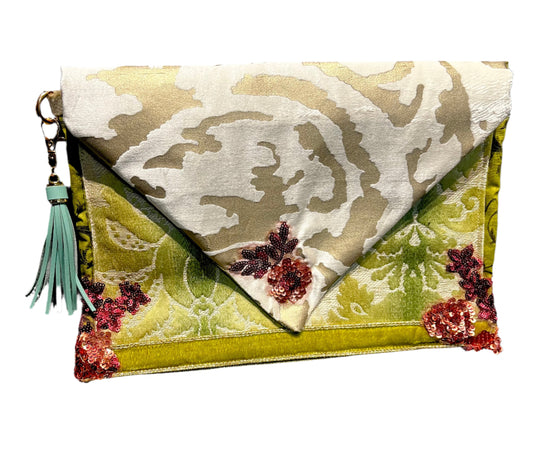 Envelope Purse GILDED GREEN Brocade Clutch with Metallic Velvet and Sequin Appliqué