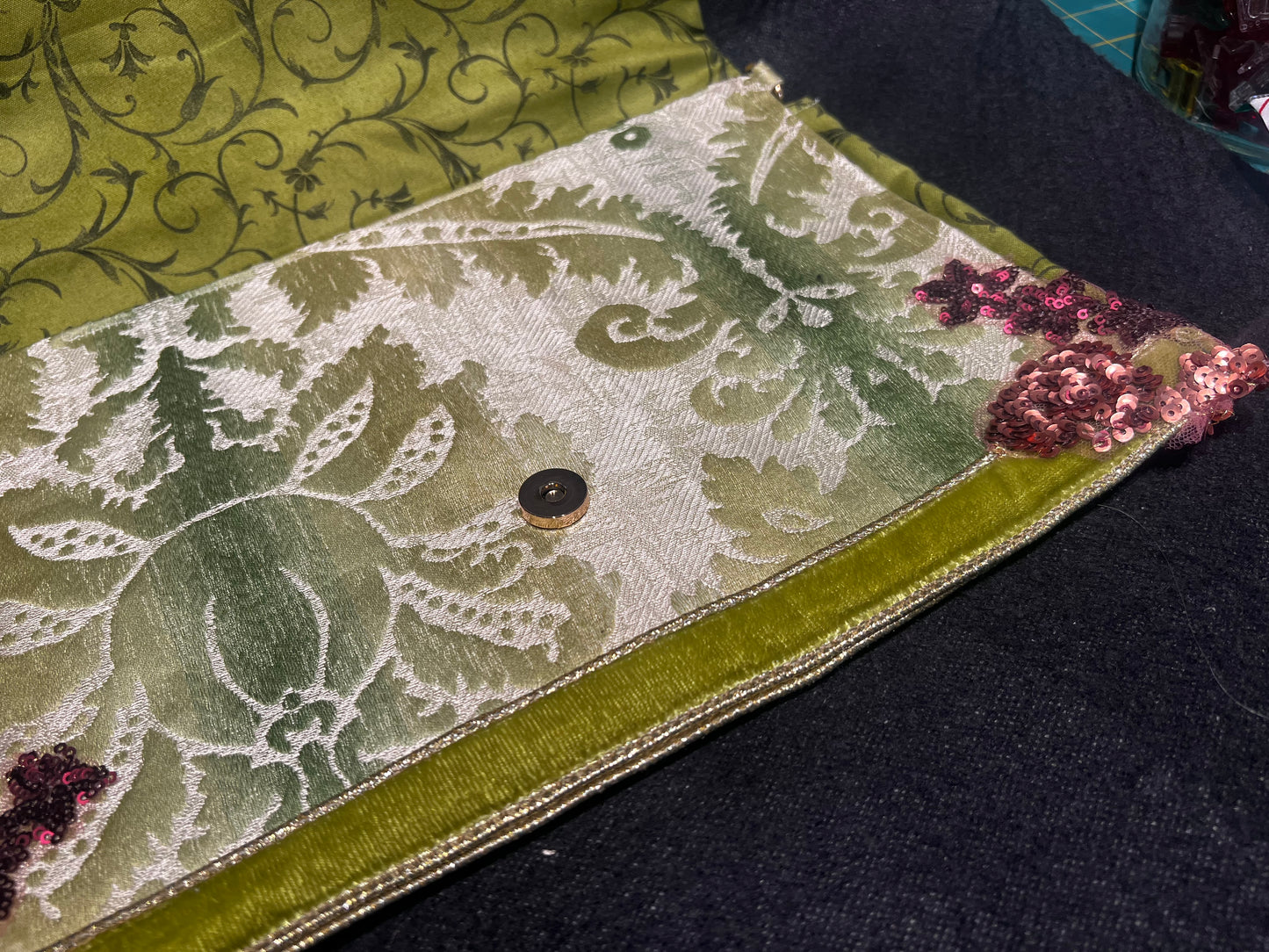 Envelope Purse GILDED GREEN Brocade Clutch with Metallic Velvet and Sequin Appliqué