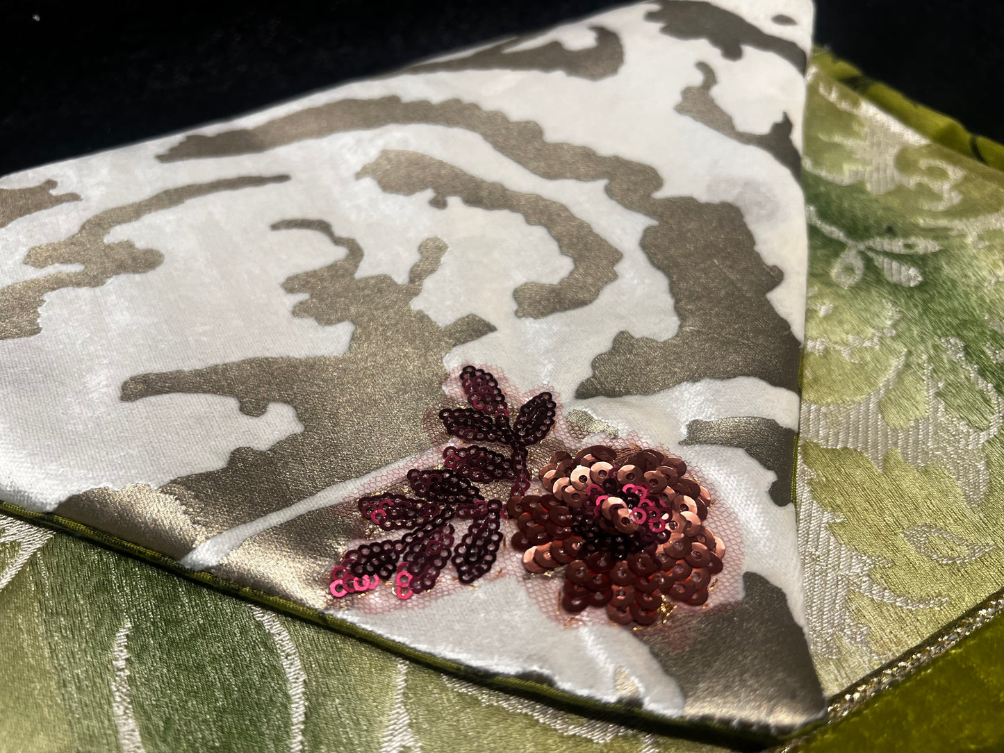 Envelope Purse GILDED GREEN Brocade Clutch with Metallic Velvet and Sequin Appliqué