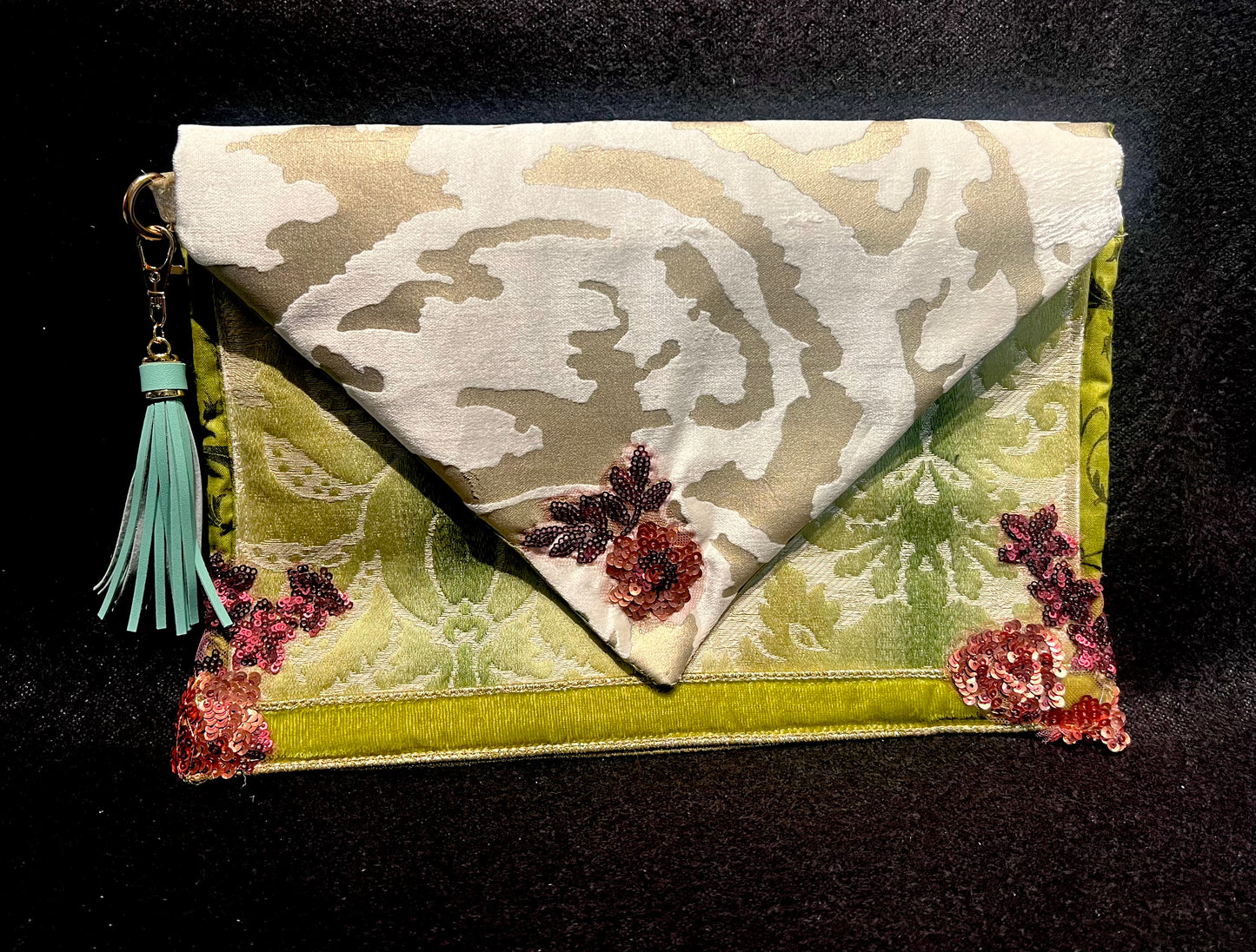 Envelope Purse GILDED GREEN Brocade Clutch with Metallic Velvet and Sequin Appliqué