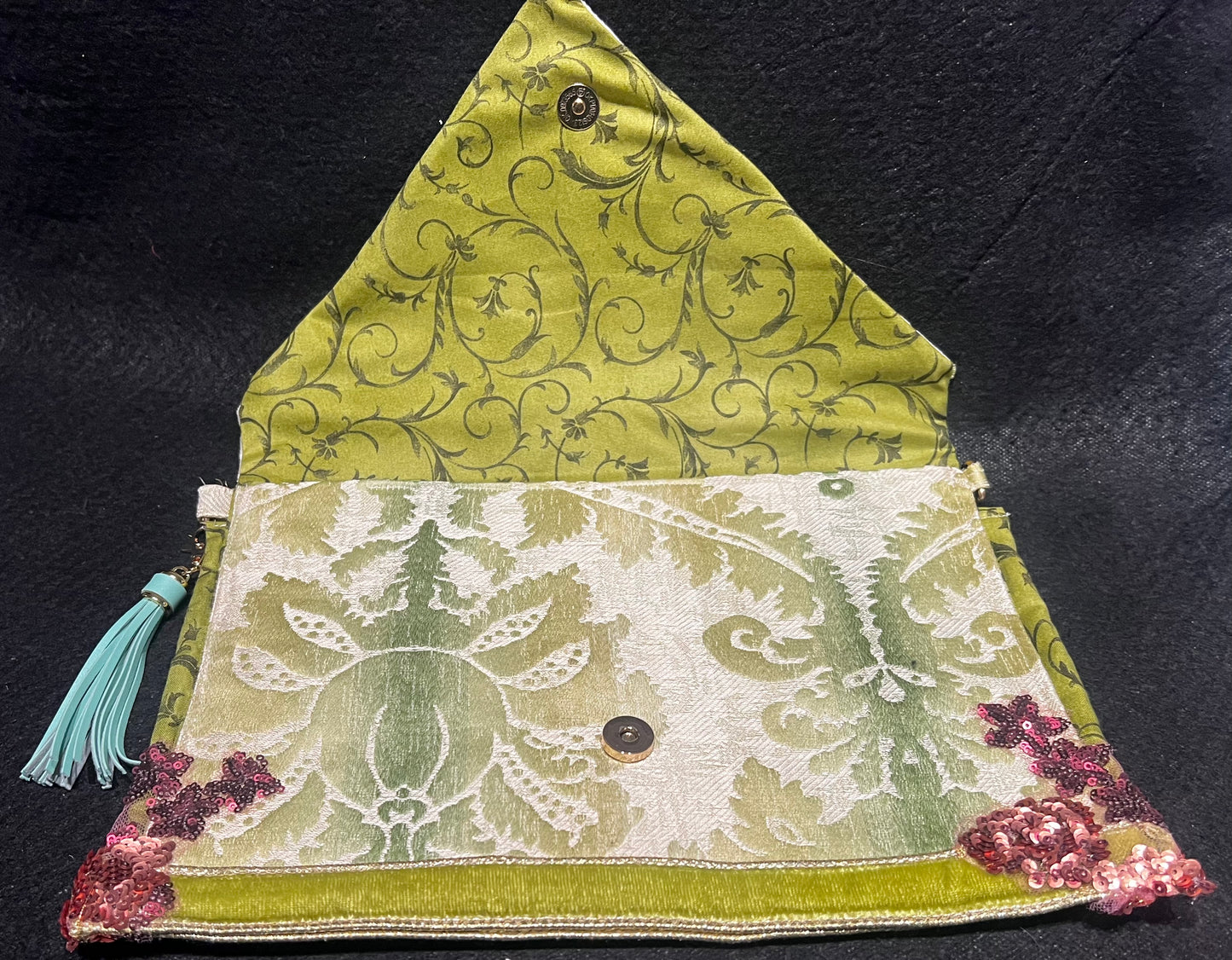 Envelope Purse GILDED GREEN Brocade Clutch with Metallic Velvet and Sequin Appliqué