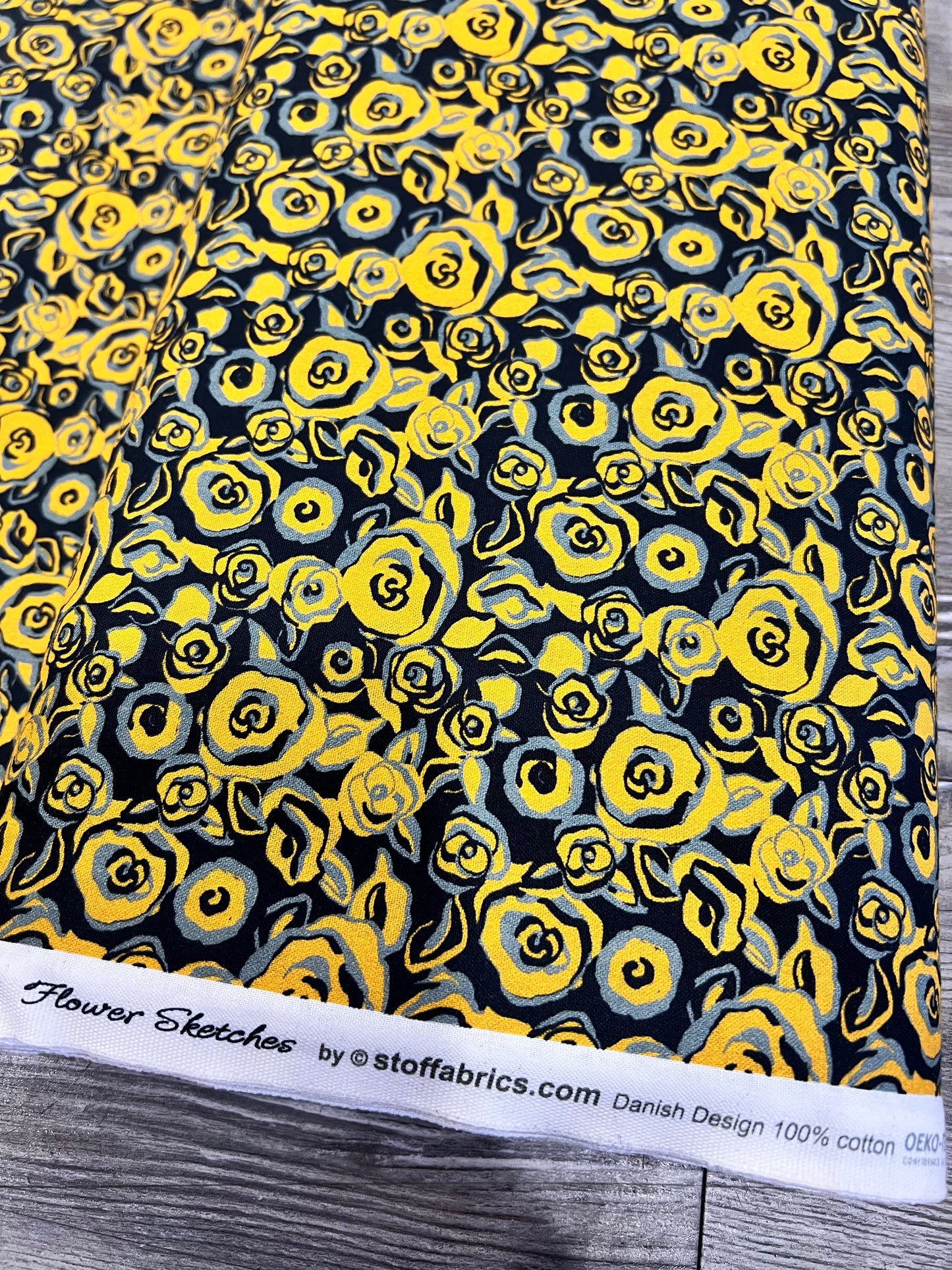 935-01 Flower Sketches Yellow Navy by STOF Fabric