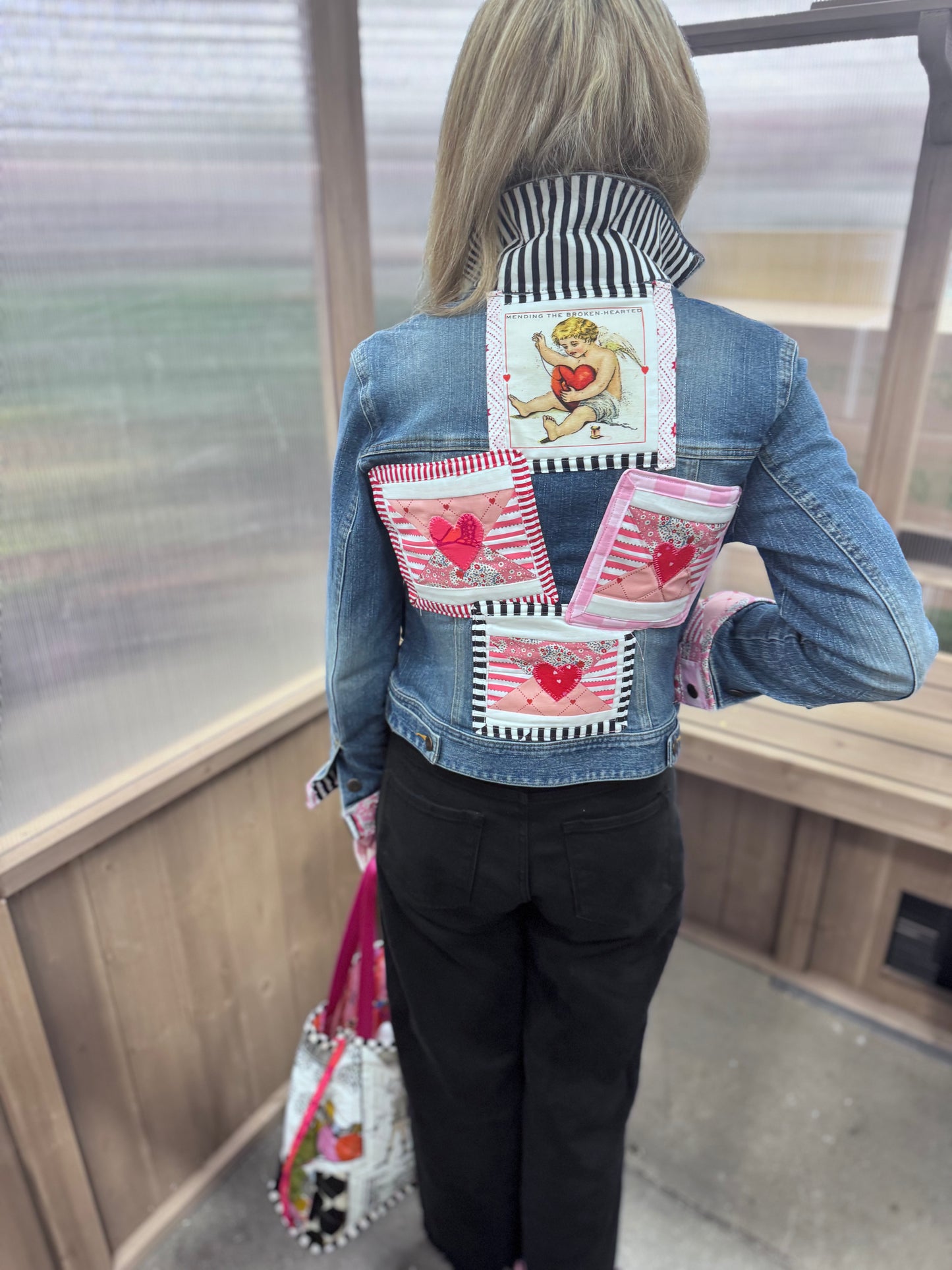 VALENTINE LOVE NOTES Appliqué Quilted Denim Jacket