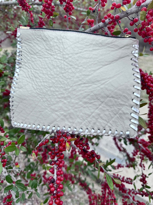 White and Gold Leather Zippered Pouch with Silver Braiding