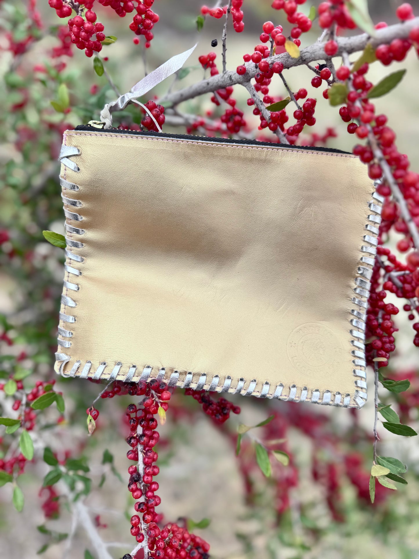 White and Gold Leather Zippered Pouch with Silver Braiding