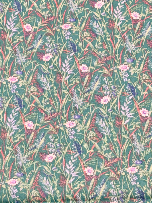 Flowers in a field VINTAGE GREEN QUILTING FABRIC