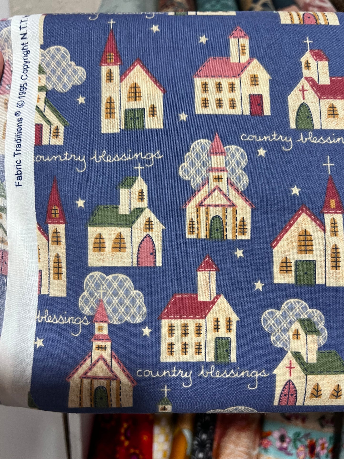 FABRIC TRADITIONS Vintage Old New Stock Churches Steeples Novelty Print Fabric Cotton sold by the Half Yard