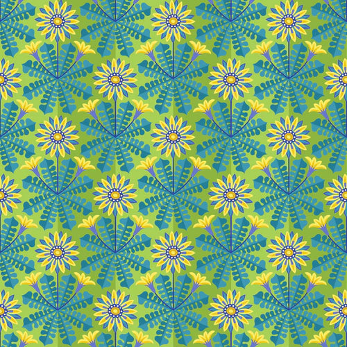 Gazania TURQUOISE Flower Dance by Jane Sassaman Fabric Sold by the Half Yard