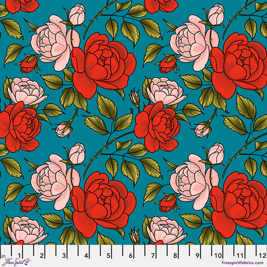 *PRE-ORDER Roses are Falling - Teal Love Letters by Club Hauer for Free Spirit Fabric PWRH134.TEAL