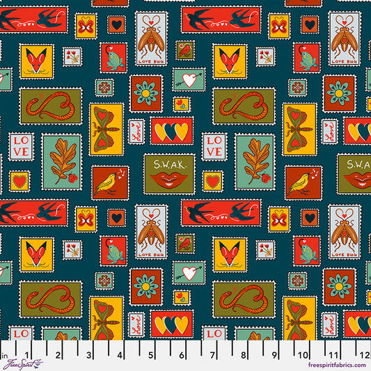 *PRE-ORDER Postage Stamps - Teal Love Letters by Club Hauer for Free Spirit Fabric PWRH136.TEAL
