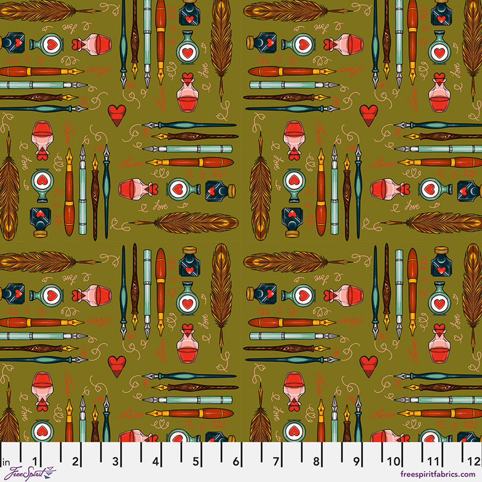 *PRE-ORDER Stationery - Green Love Letters by Club Hauer for Free Spirit Fabric PWRH137.GREEN