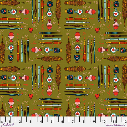 *PRE-ORDER Stationery - Green Love Letters by Club Hauer for Free Spirit Fabric PWRH137.GREEN