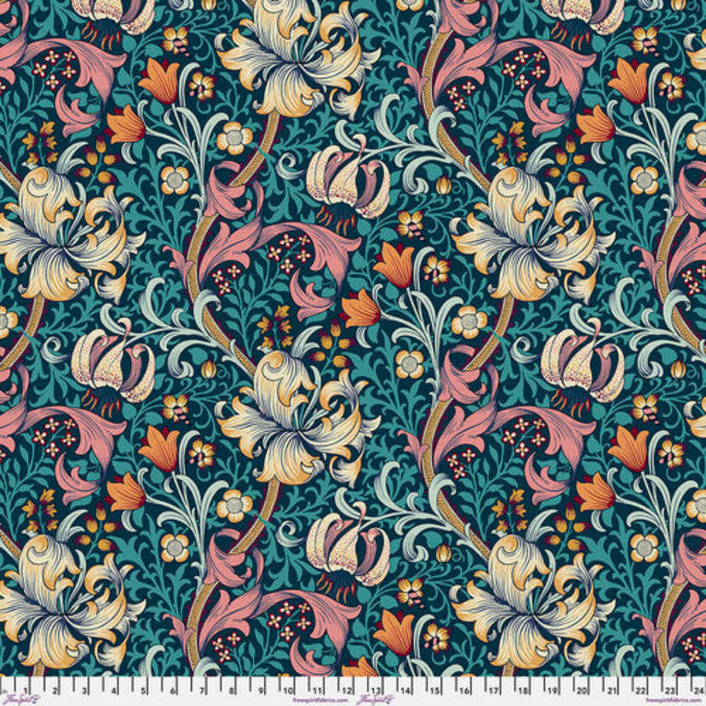 QUILT BACKING 108 INCH WIDE Golden Lily Teal by William MorrisSold by the Yard