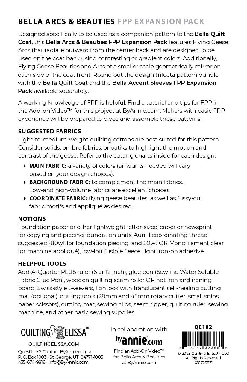 Bella Arcs & Beauties FPP Expansion Pack for Quilt Coat Pattern Designed by Quilting Elissa for By Annie