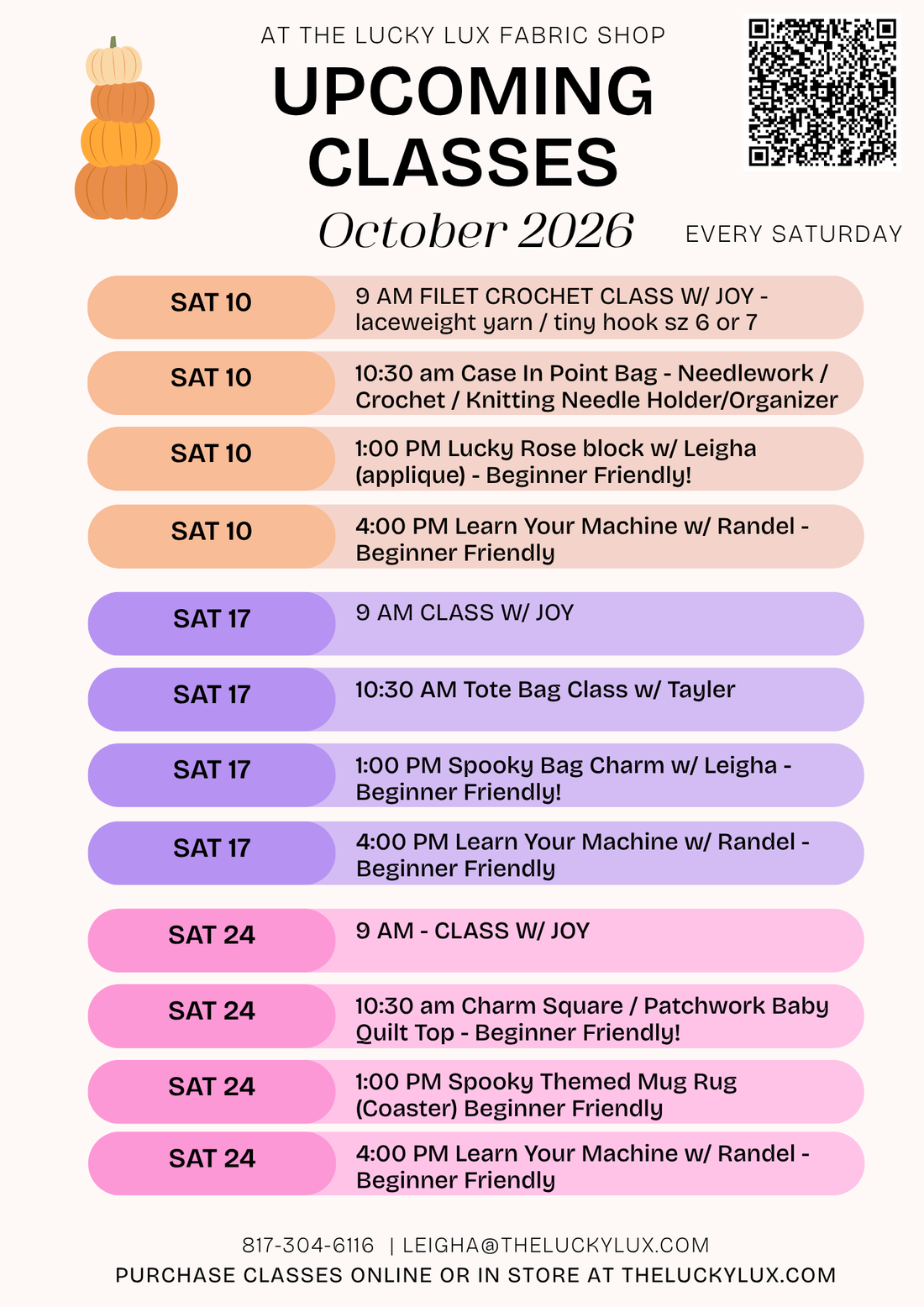 Class Schedule October 10th - November 7th 2026