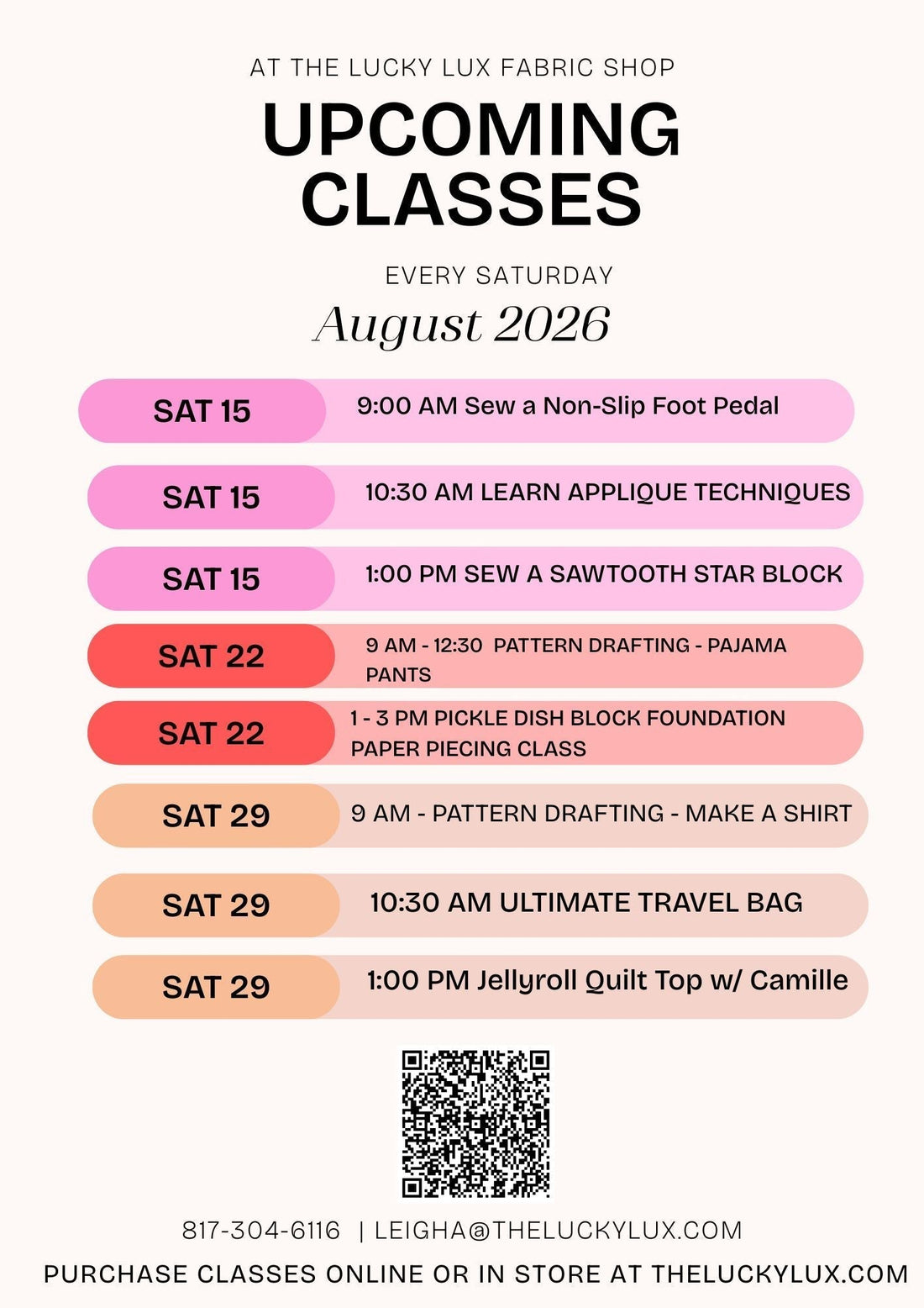 Updated Class Schedule as of August 10th 2026