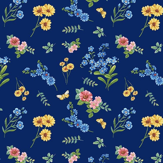 1551-72 Enchanted Forest Tossed Flowers Blue for Henry Glass