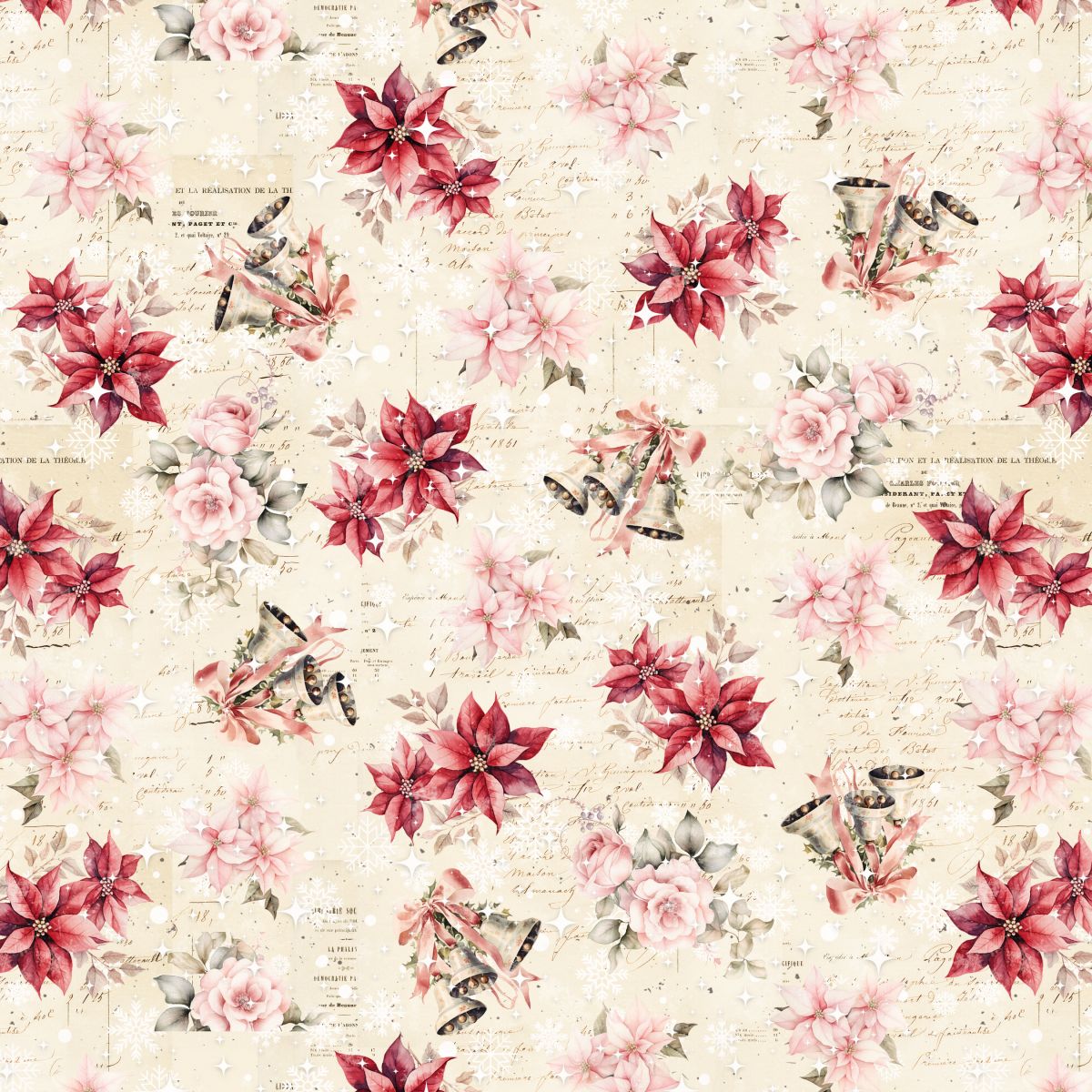 Christmas Magic Digital Poinsettas and Bells 2017-41 Blank Quilting Sold by the Half Yard