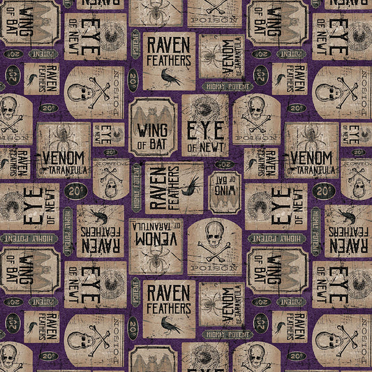 2720-55 Spooky Vibes Purple Potion Labels Fabric by Blank Quilting Sold by the Half Yard