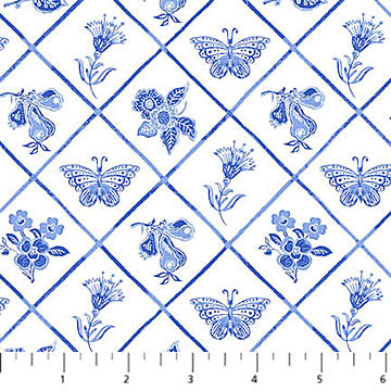 28359-10 Delft Dynasty Flower Grid Blue Northcott Fabrics Sold By the Half Yard