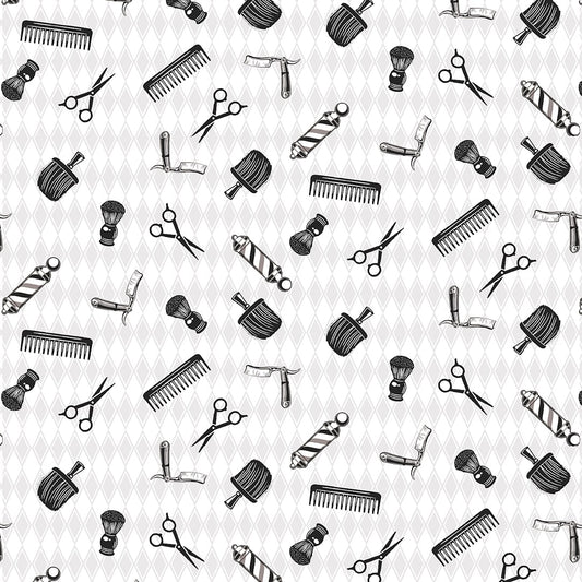 3106-01 HIPSTER BARBER INSTRUMENTS Blank Quilting Fabric Sold by the Half Yard