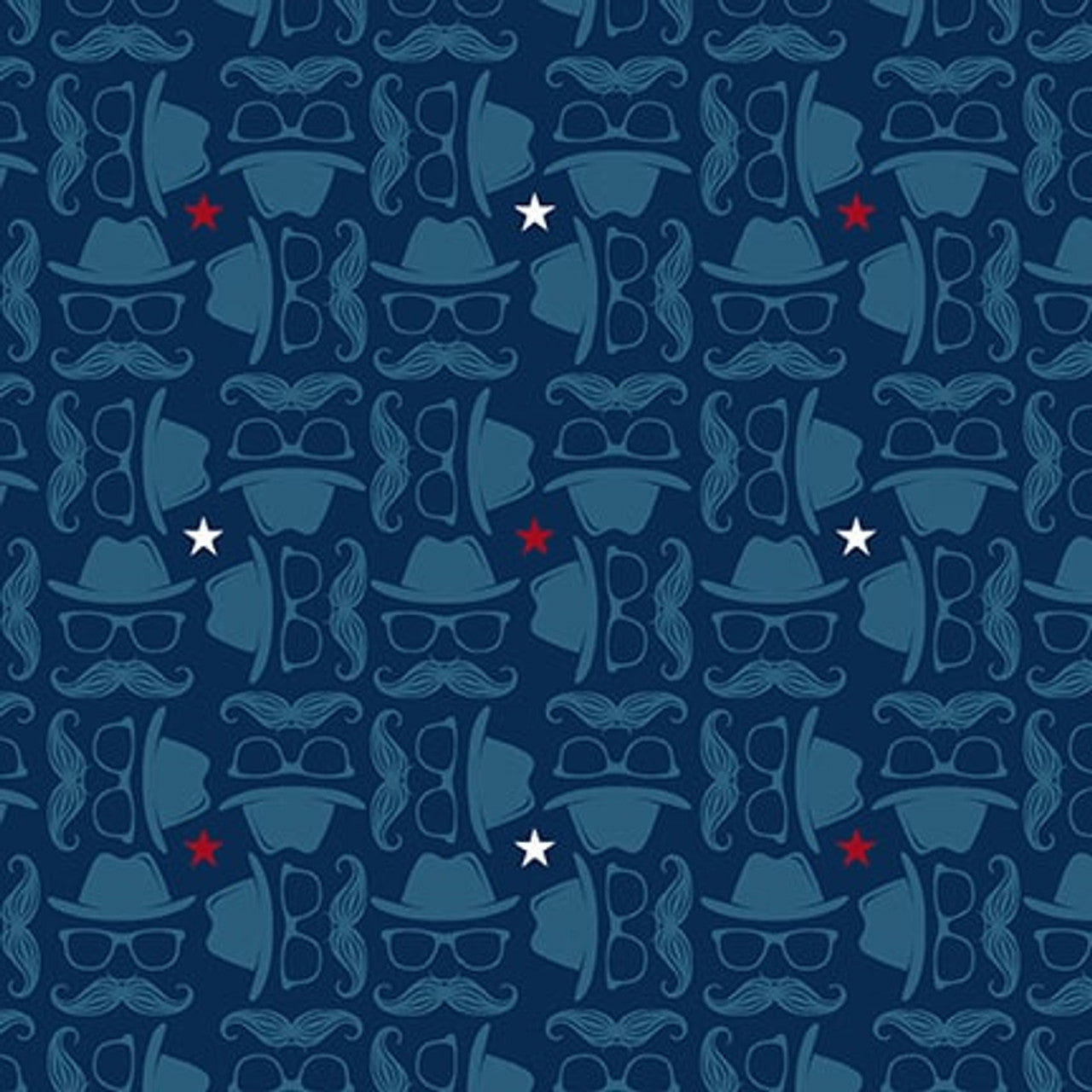 3109-77 HIPSTER NAVY HATS AND MOUSTACHES Blank Quilting Fabric Sold by the Half Yard
