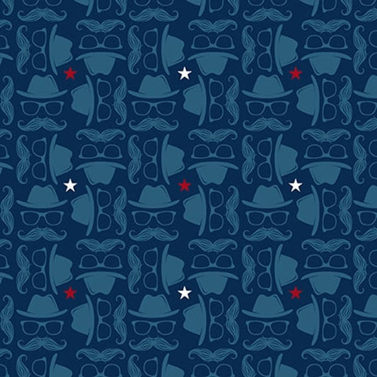 3109-77 HIPSTER NAVY HATS AND MOUSTACHES Blank Quilting Fabric Sold by the Half Yard