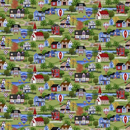 3194-66 Liberty Hill GREEN SCENE by Color Principle for Henry Glass Fabric Sold by the Half Yard