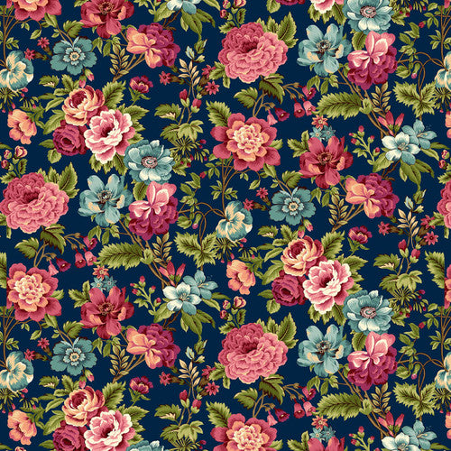 3357-77 Master Floral PRUSSIAN BLUE Mariakerke BY Michelle Yeo for Henry Glass