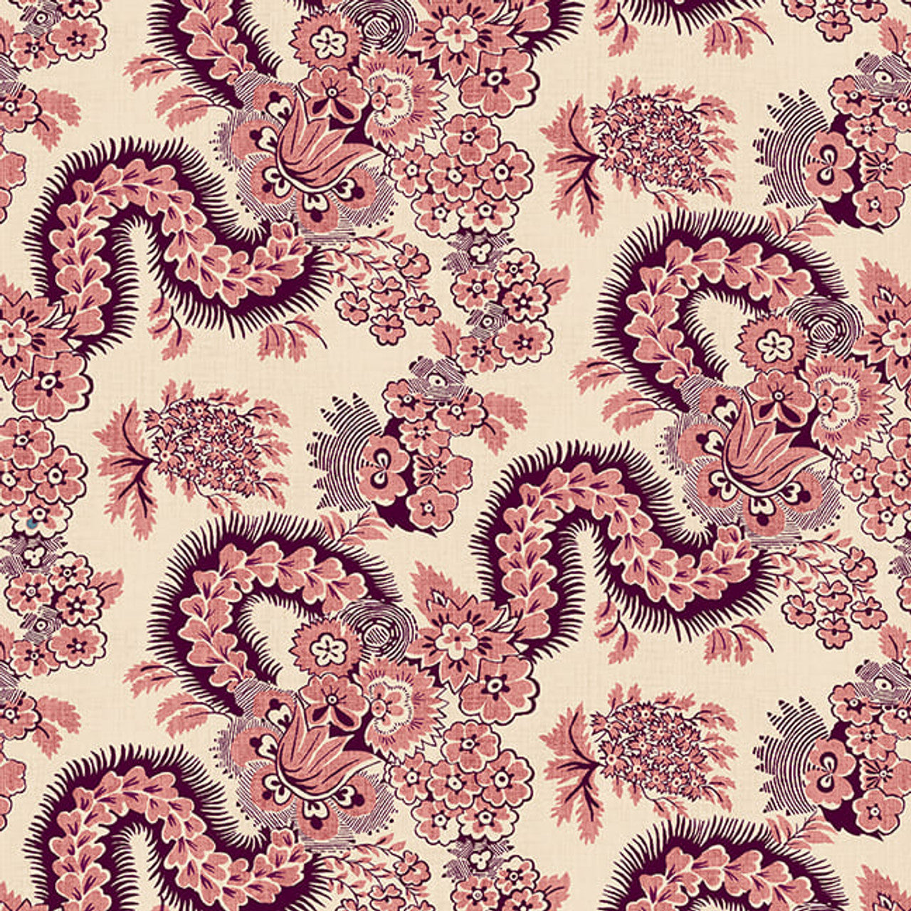 3366-85 PINK AUBERGINE Diagonal Serpentine Floral Mariakerke BY Michelle Yeo for Henry Glass