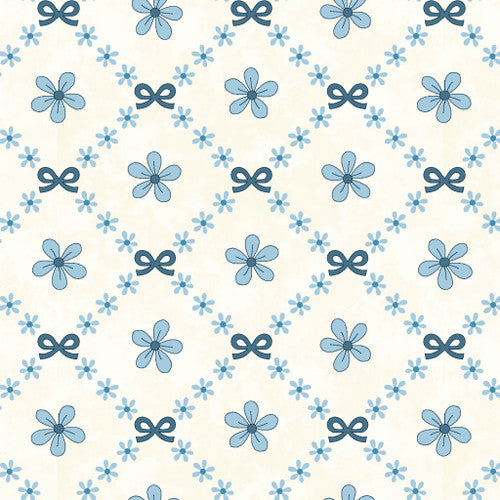 3393-47 Trellis Bows CREAM BLUE Pocket Full of Posies by Gail Pan for Henry Glass