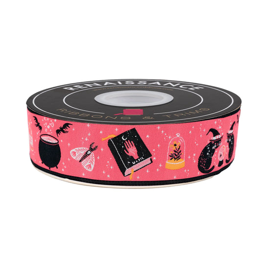 WITCHY KITTY PINK 1.5" WIDTH - BY CORI DANTINI Ribbon by the yard Renaissance Ribbons